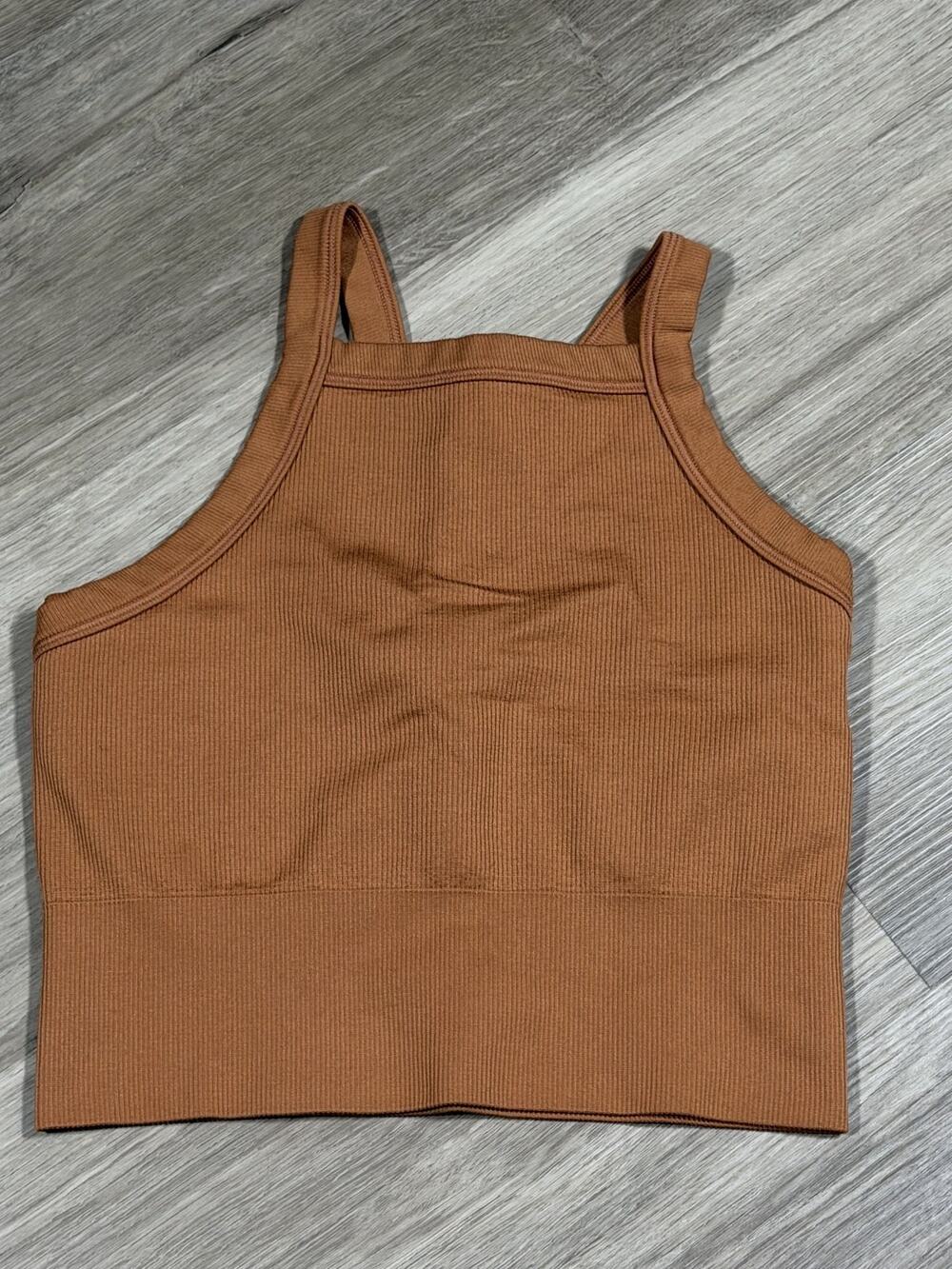 Athleta Womens XS Rust Ribbed Square Neck Built-In Bra Crop Tank Top Orange